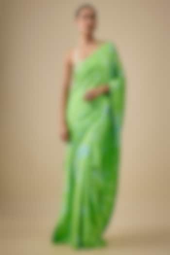 Green & Aqua Pure Satin Silk Hand Tie-Dye Wedding Saree Set by Akanksha Gajria at Pernia's Pop Up Shop