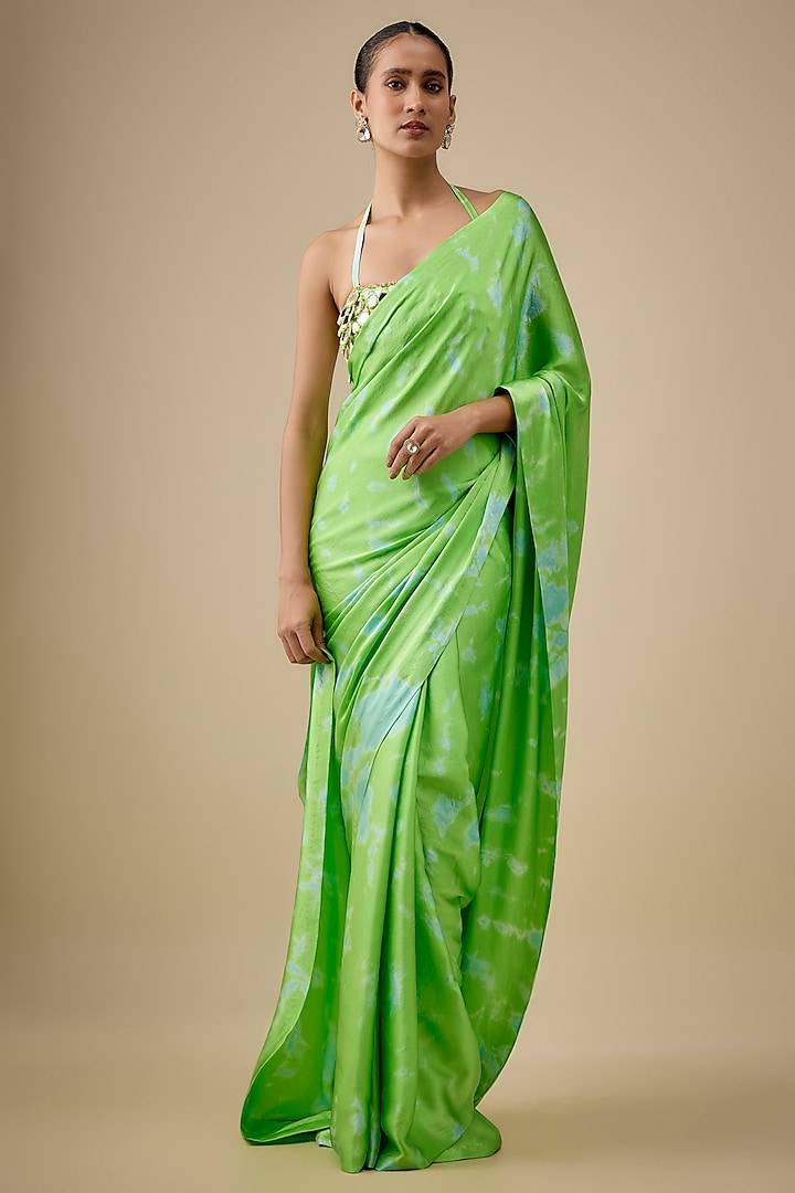 Green & Aqua Pure Satin Silk Hand Tie-Dye Wedding Saree Set by Akanksha Gajria at Pernia's Pop Up Shop