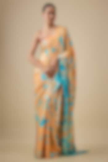 Orange & Blue Pure Satin Silk Hand Tie-Dye Wedding Saree Set by Akanksha Gajria at Pernia's Pop Up Shop