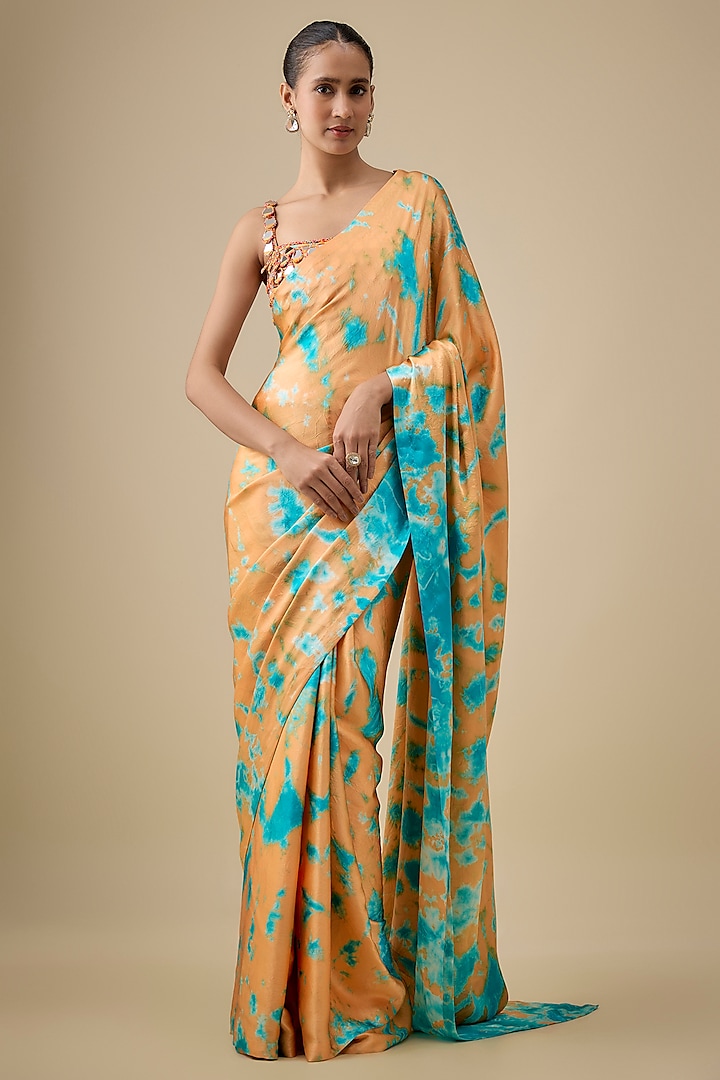 Orange & Blue Pure Satin Silk Hand Tie-Dye Wedding Saree Set by Akanksha Gajria at Pernia's Pop Up Shop