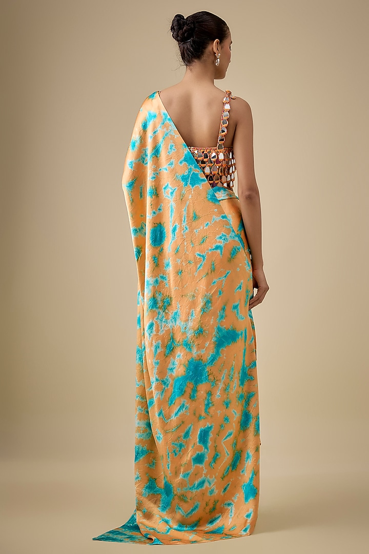Orange & Blue Pure Satin Silk Hand Tie-Dye Wedding Saree Set by Akanksha Gajria at Pernia's Pop Up Shop