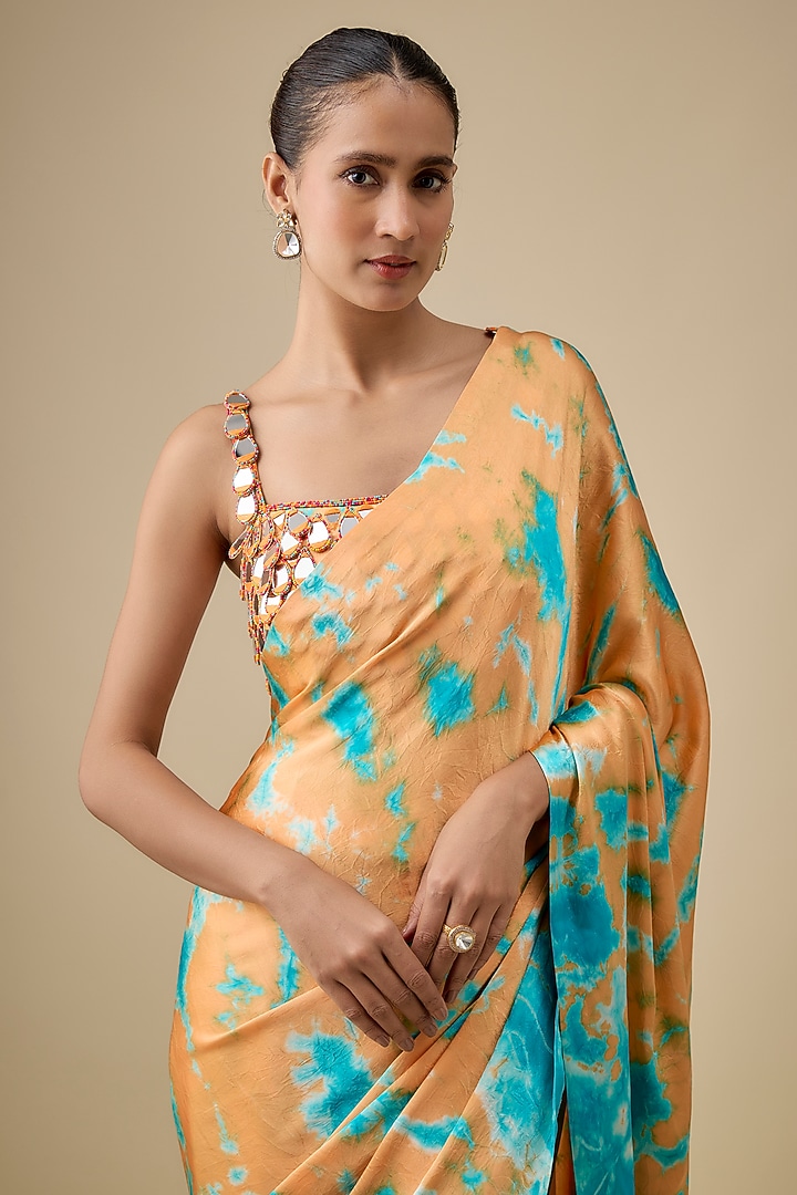 Orange & Blue Pure Satin Silk Hand Tie-Dye Wedding Saree Set by Akanksha Gajria at Pernia's Pop Up Shop