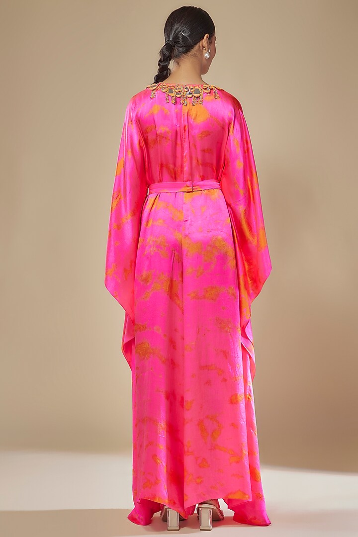 Pink & Orange Satin Silk Tie-Dye Kaftan Jumpsuit by Akanksha Gajria at Pernia's Pop Up Shop
