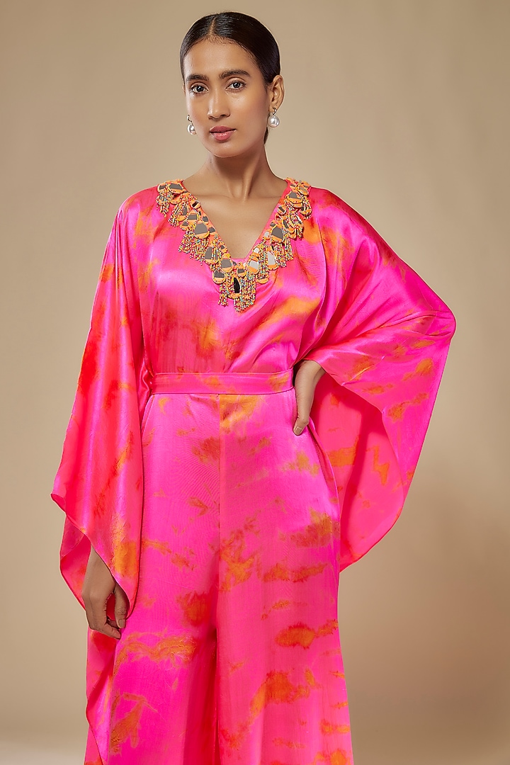 Pink & Orange Satin Silk Tie-Dye Kaftan Jumpsuit by Akanksha Gajria at Pernia's Pop Up Shop