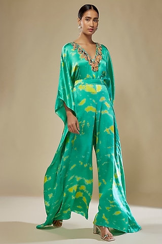 Aqua & Yellow Satin Silk Tie-Dye Kaftan Jumpsuit by Akanksha Gajria