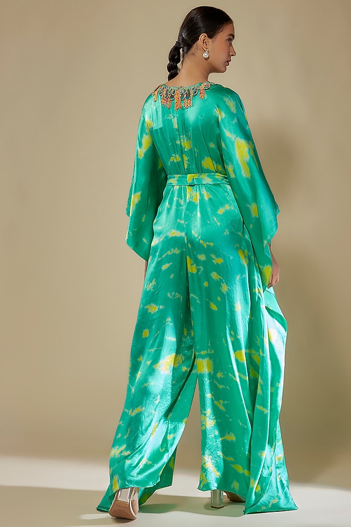 Aqua & Yellow Satin Silk Tie-Dye Kaftan Jumpsuit by Akanksha Gajria at Pernia's Pop Up Shop