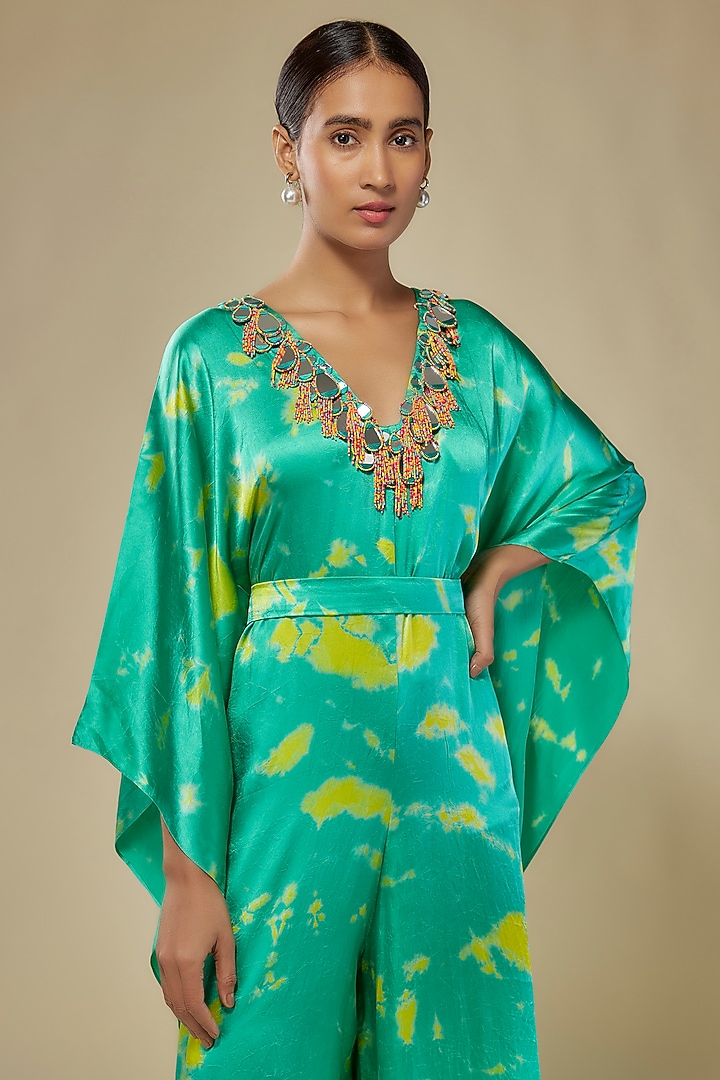 Aqua & Yellow Satin Silk Tie-Dye Kaftan Jumpsuit by Akanksha Gajria at Pernia's Pop Up Shop