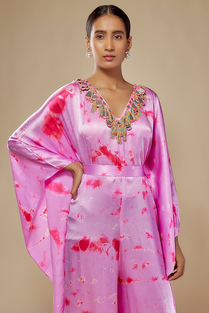 Lilac & Pink Satin Silk Tie-Dye Kaftan Jumpsuit by Akanksha Gajria at Pernia's Pop Up Shop