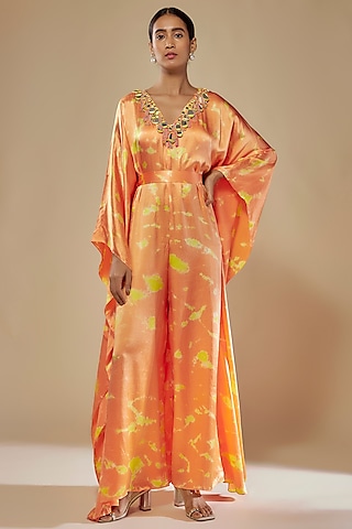 Orange & Yellow Satin Silk Tie-Dye Kaftan Jumpsuit by Akanksha Gajria