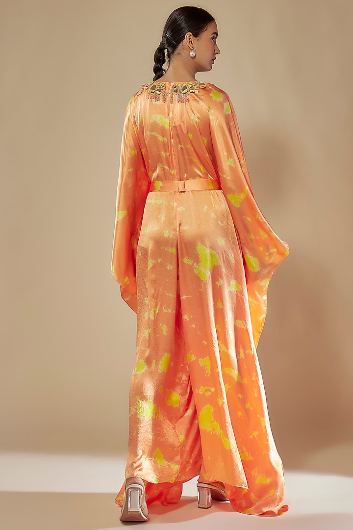 Orange & Yellow Satin Silk Tie-Dye Kaftan Jumpsuit by Akanksha Gajria at Pernia's Pop Up Shop