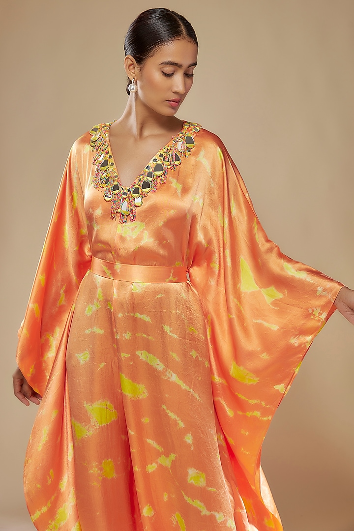 Orange & Yellow Satin Silk Tie-Dye Kaftan Jumpsuit by Akanksha Gajria at Pernia's Pop Up Shop