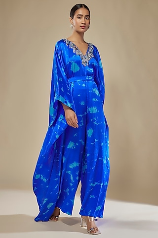 Royal Blue & Aqua Satin Silk Tie-Dye Kaftan Jumpsuit by Akanksha Gajria