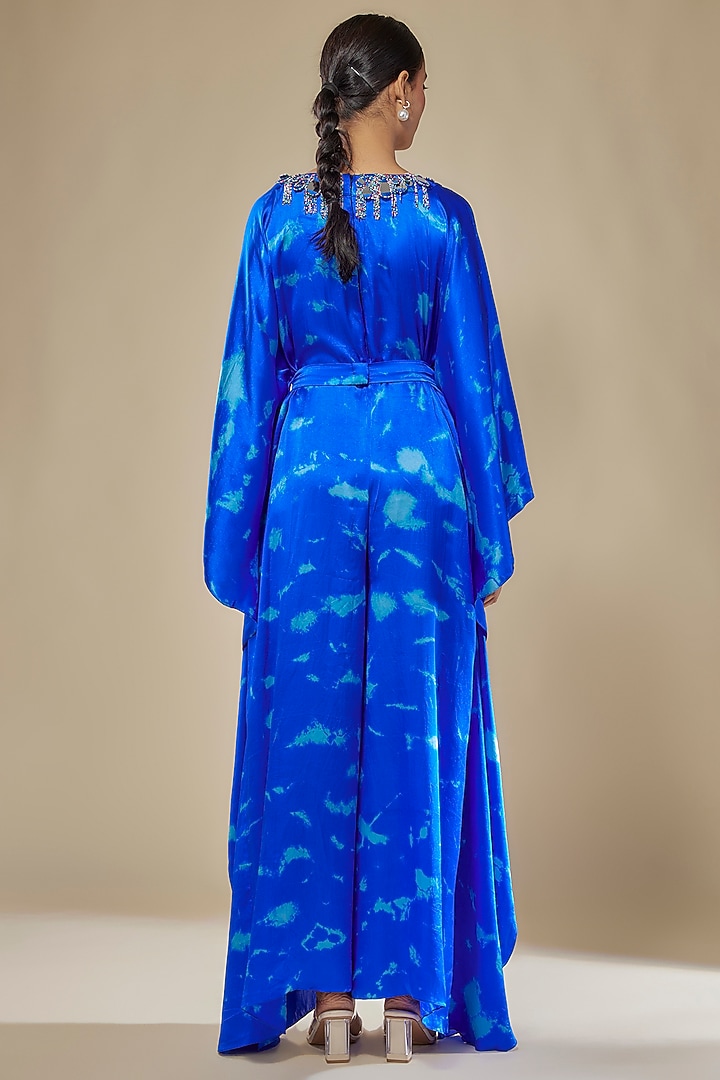 Royal Blue & Aqua Satin Silk Tie-Dye Kaftan Jumpsuit by Akanksha Gajria at Pernia's Pop Up Shop