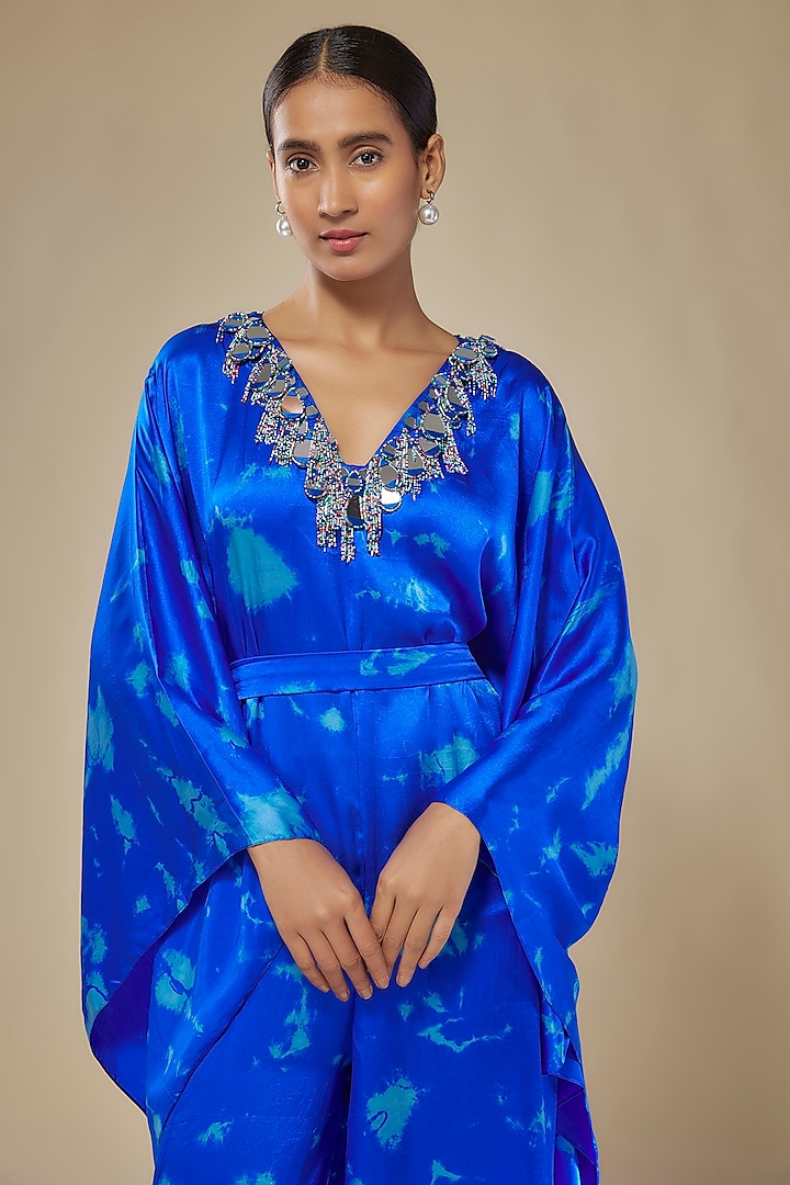 Royal Blue & Aqua Satin Silk Tie-Dye Kaftan Jumpsuit by Akanksha Gajria at Pernia's Pop Up Shop
