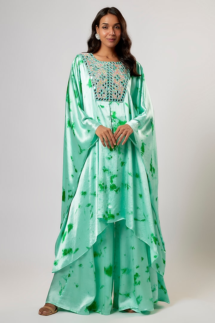 Mint Satin Silk Hand Embroidered & Tie-Dyed Kaftan Set by Akanksha Gajria at Pernia's Pop Up Shop