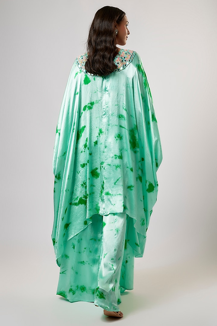 Mint Satin Silk Hand Embroidered & Tie-Dyed Kaftan Set by Akanksha Gajria at Pernia's Pop Up Shop