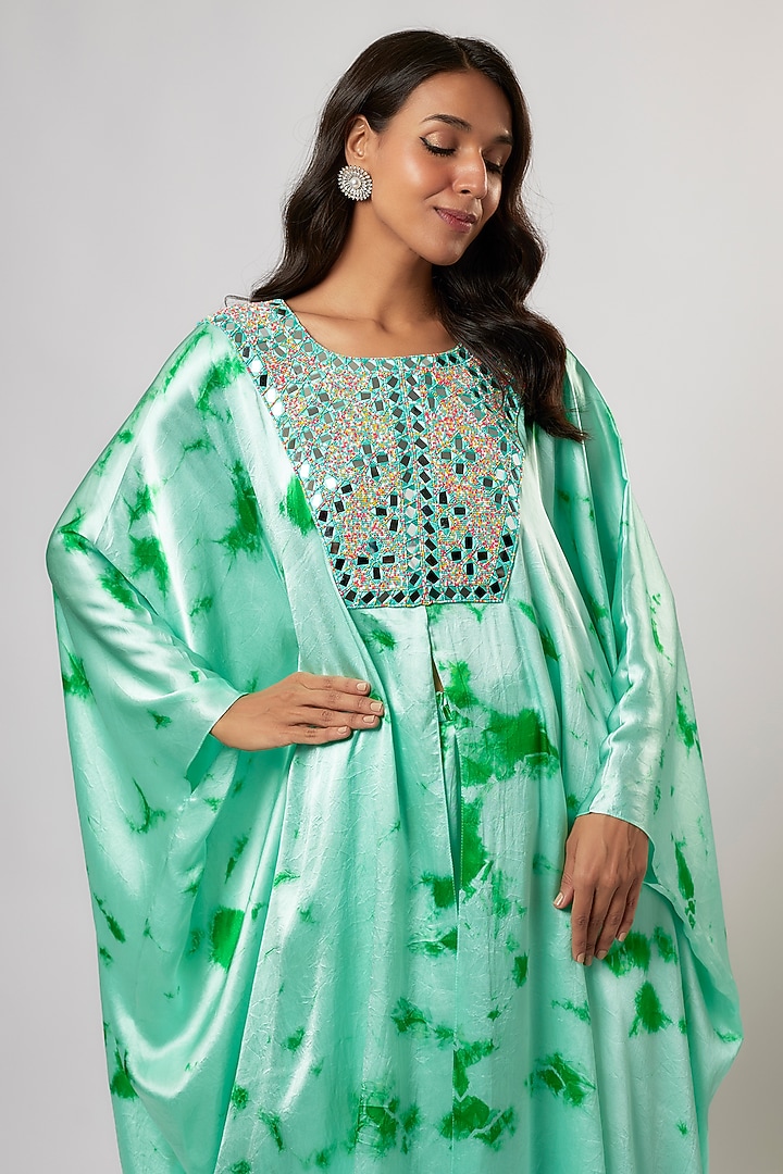 Mint Satin Silk Hand Embroidered & Tie-Dyed Kaftan Set by Akanksha Gajria at Pernia's Pop Up Shop