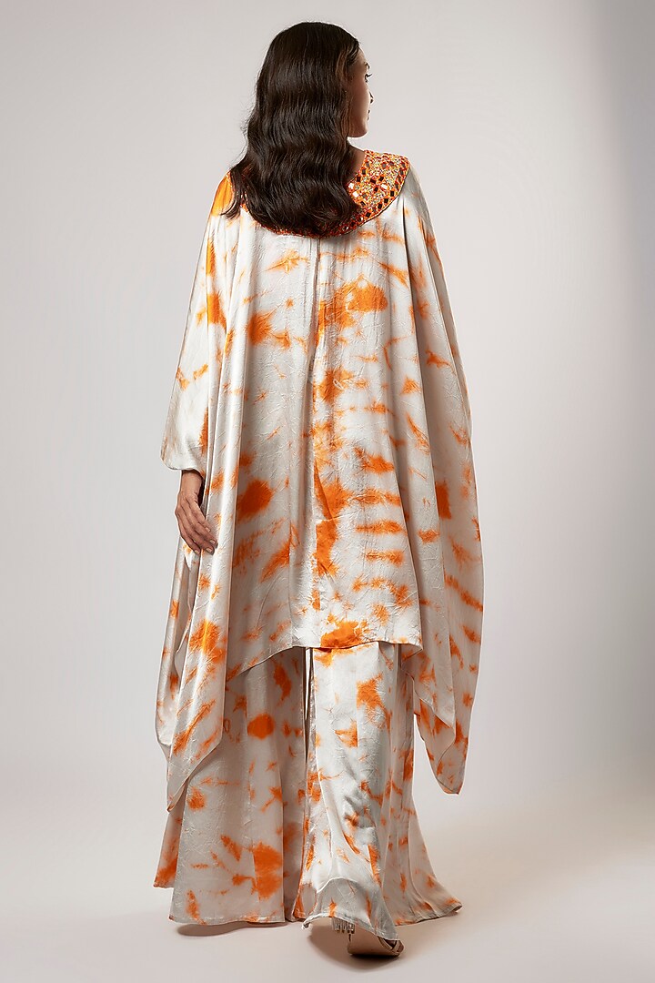 Ivory & Orange Satin Silk Tie-Dyed Kaftan Set by Akanksha Gajria at Pernia's Pop Up Shop