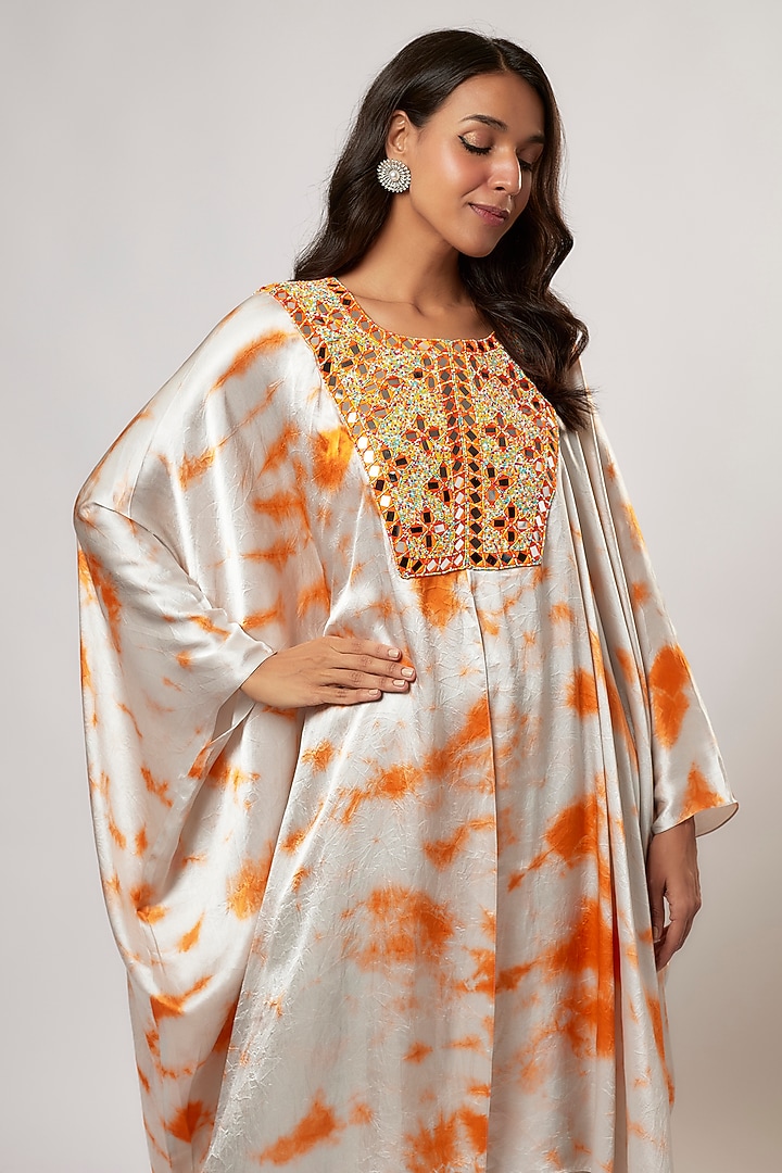 Ivory & Orange Satin Silk Tie-Dyed Kaftan Set by Akanksha Gajria at Pernia's Pop Up Shop
