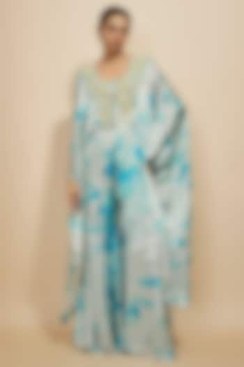 Blue Pure Satin Silk Tie-Dye Kaftan Set by Akanksha Gajria at Pernia's Pop Up Shop