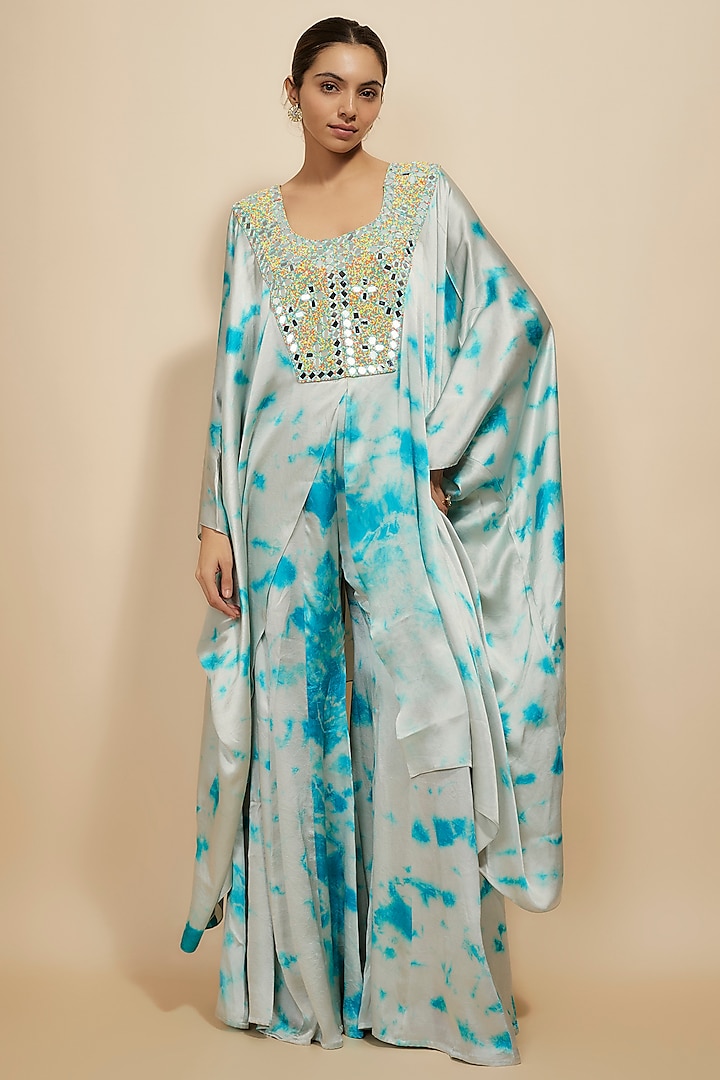 Blue Pure Satin Silk Tie-Dye Kaftan Set by Akanksha Gajria at Pernia's Pop Up Shop