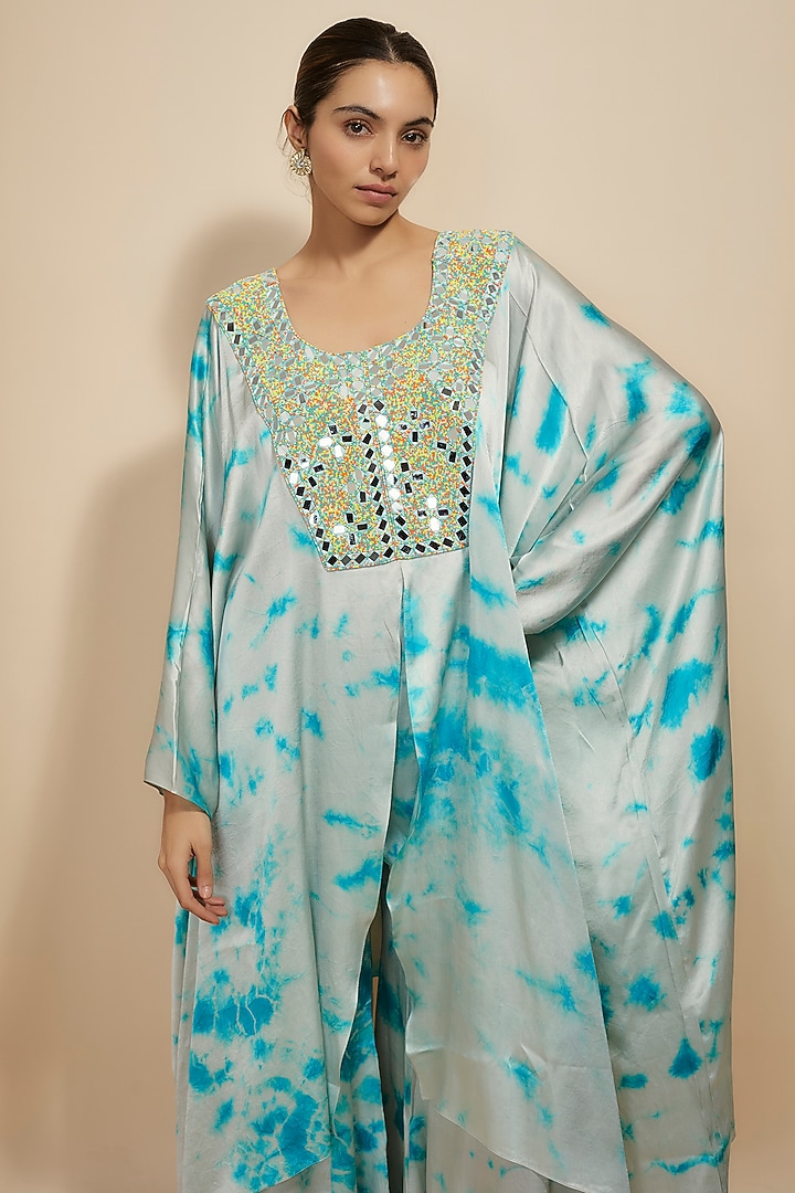 Blue Pure Satin Silk Tie-Dye Kaftan Set by Akanksha Gajria at Pernia's Pop Up Shop