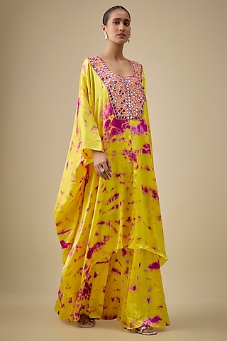 Yellow & Pink Satin Silk Mirror Embroidered & Tie-Dye Kaftan Set by Akanksha Gajria