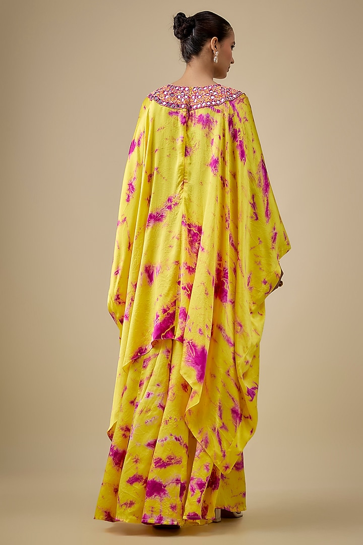 Yellow & Pink Satin Silk Mirror Embroidered & Tie-Dye Kaftan Set by Akanksha Gajria at Pernia's Pop Up Shop
