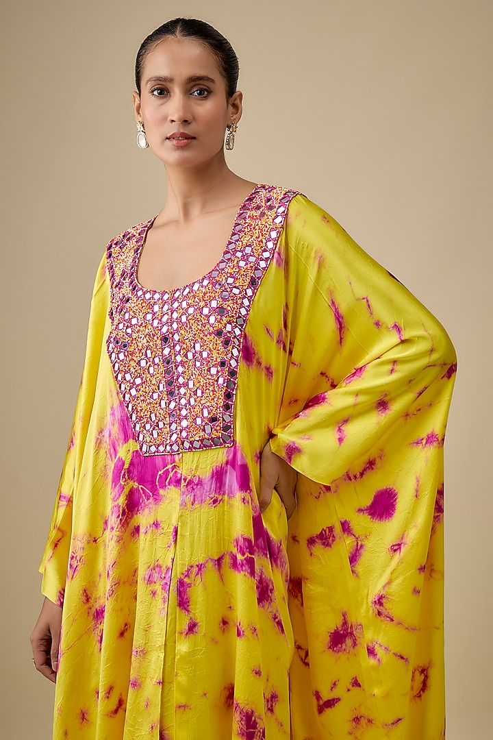 Yellow & Pink Satin Silk Mirror Embroidered & Tie-Dye Kaftan Set by Akanksha Gajria at Pernia's Pop Up Shop