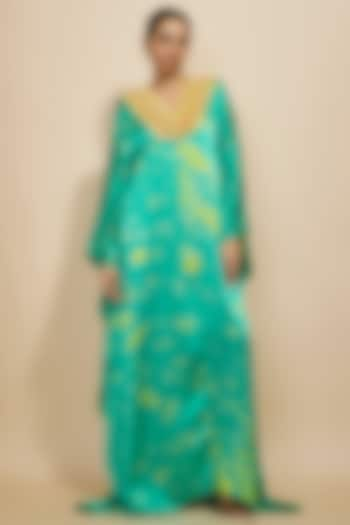 Aqua-Yellow Pure Satin Silk Embroidered Tie-Dye Kaftan by Akanksha Gajria at Pernia's Pop Up Shop