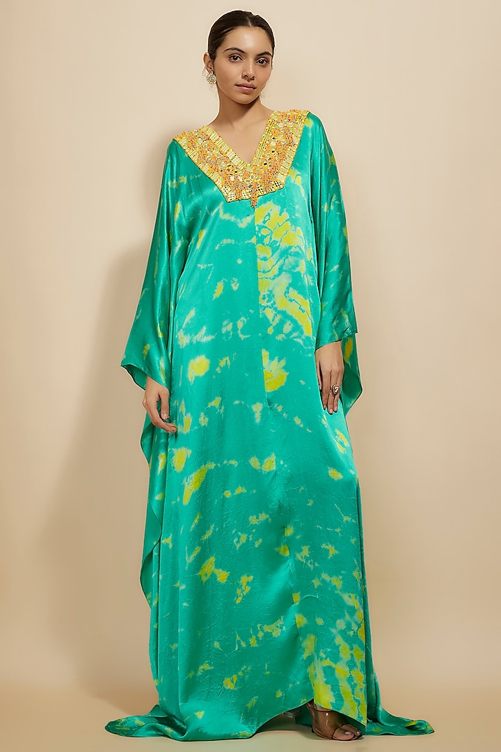 Aqua-Yellow Pure Satin Silk Embroidered Tie-Dye Kaftan by Akanksha Gajria at Pernia's Pop Up Shop