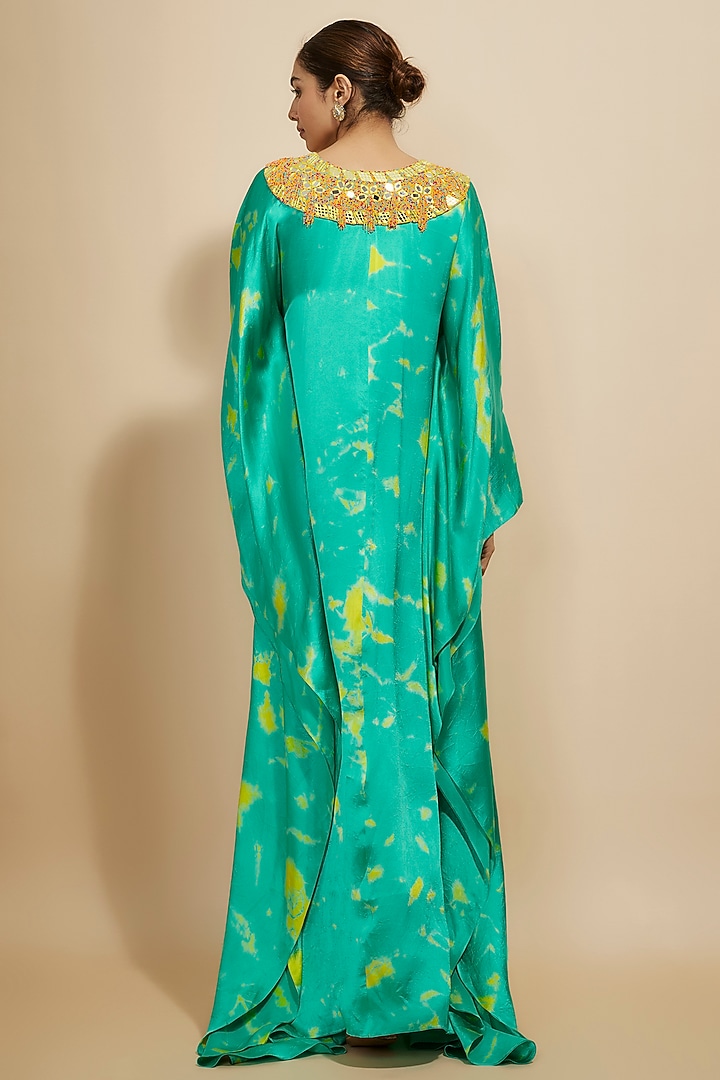Aqua-Yellow Pure Satin Silk Embroidered Tie-Dye Kaftan by Akanksha Gajria at Pernia's Pop Up Shop