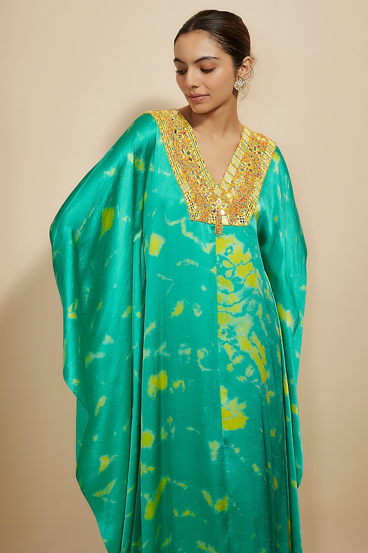 Aqua-Yellow Pure Satin Silk Embroidered Tie-Dye Kaftan by Akanksha Gajria at Pernia's Pop Up Shop