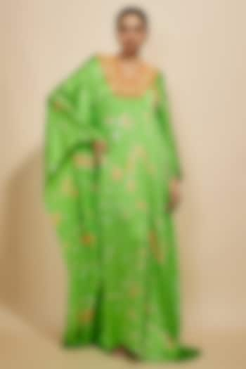 Green-Pink Pure Satin Silk Embroidered Tie-Dye Kaftan by Akanksha Gajria at Pernia's Pop Up Shop