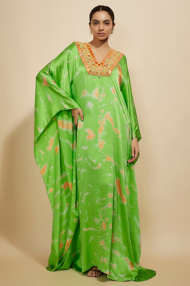 Green-Pink Pure Satin Silk Embroidered Tie-Dye Kaftan by Akanksha Gajria at Pernia's Pop Up Shop