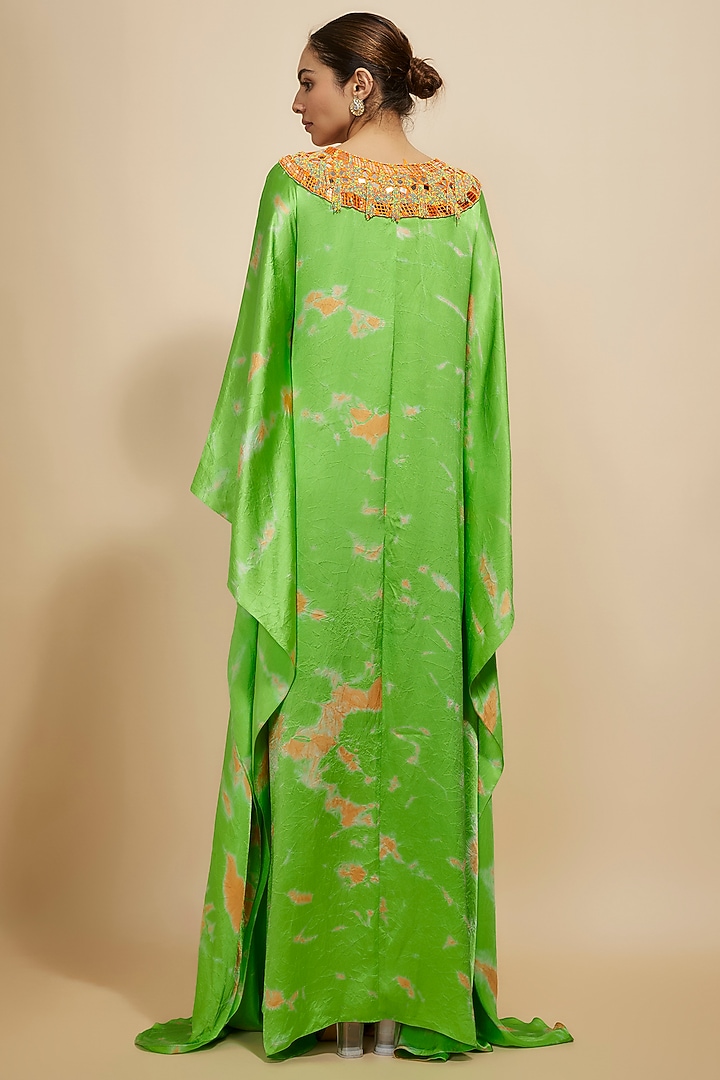 Green-Pink Pure Satin Silk Embroidered Tie-Dye Kaftan by Akanksha Gajria at Pernia's Pop Up Shop