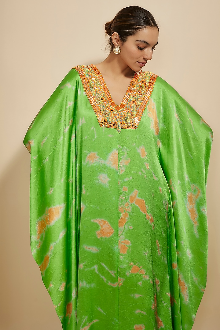 Green-Pink Pure Satin Silk Embroidered Tie-Dye Kaftan by Akanksha Gajria at Pernia's Pop Up Shop