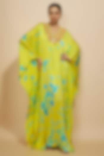 Yellow-Blue Pure Satin Silk Embroidered Tie-Dye Kaftan by Akanksha Gajria at Pernia's Pop Up Shop