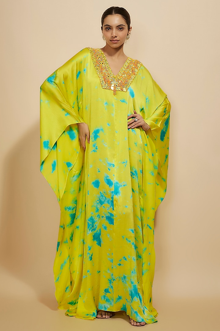 Yellow-Blue Pure Satin Silk Embroidered Tie-Dye Kaftan by Akanksha Gajria at Pernia's Pop Up Shop