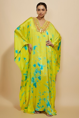 Yellow-Blue Pure Satin Silk Embroidered Tie-Dye Kaftan by Akanksha Gajria