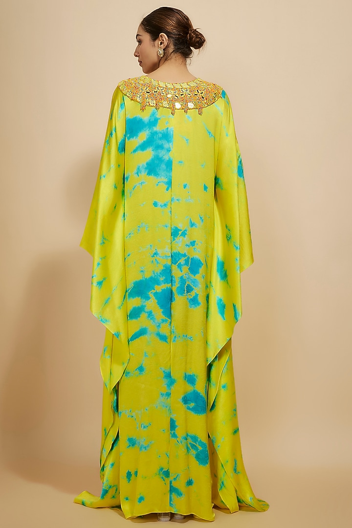Yellow-Blue Pure Satin Silk Embroidered Tie-Dye Kaftan by Akanksha Gajria at Pernia's Pop Up Shop