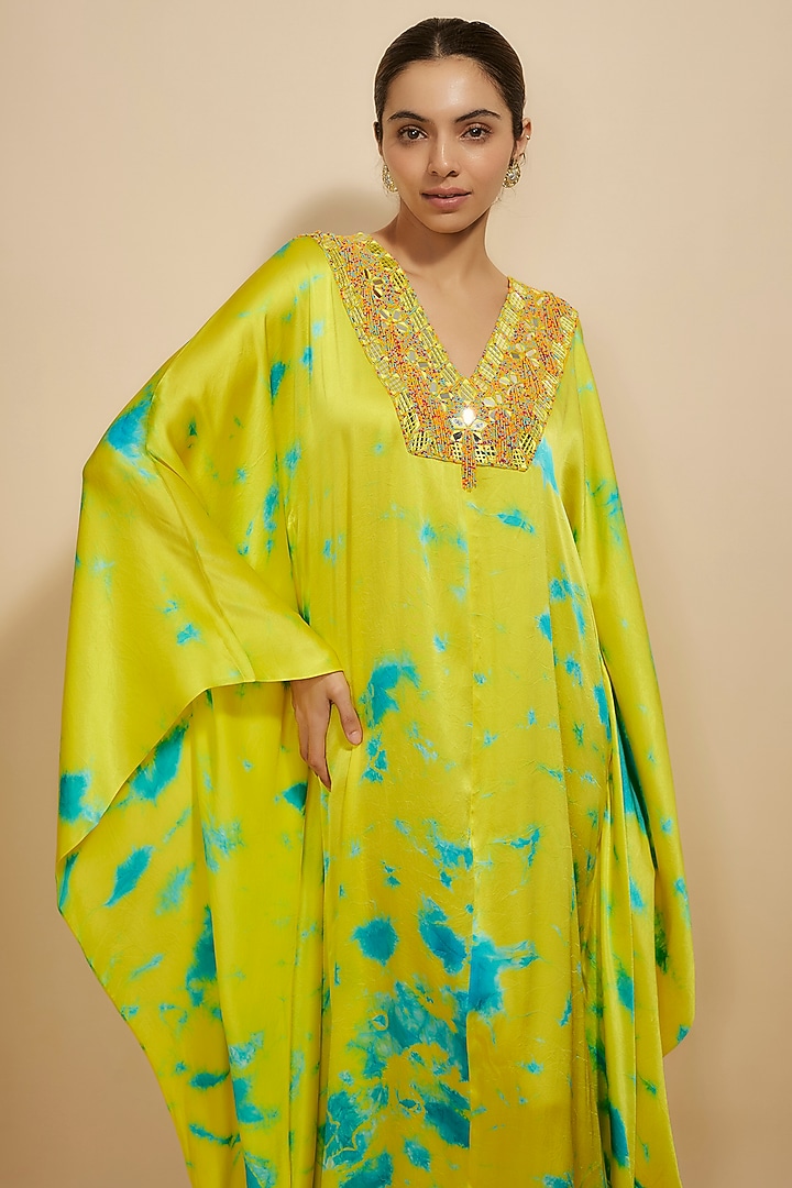 Yellow-Blue Pure Satin Silk Embroidered Tie-Dye Kaftan by Akanksha Gajria at Pernia's Pop Up Shop