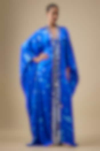 Blue Satin Silk Mirror Embroidered Kaftan by Akanksha Gajria at Pernia's Pop Up Shop