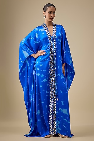 Blue Satin Silk Mirror Embroidered Kaftan by Akanksha Gajria