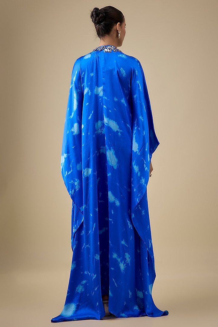 Blue Satin Silk Mirror Embroidered Kaftan by Akanksha Gajria at Pernia's Pop Up Shop