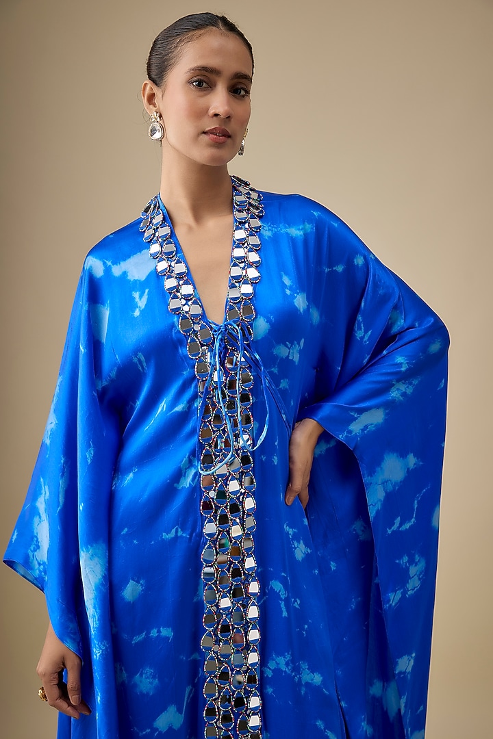 Blue Satin Silk Mirror Embroidered Kaftan by Akanksha Gajria at Pernia's Pop Up Shop
