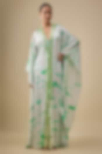 Ivory & Green Satin Silk Mirror Embroidered Kaftan by Akanksha Gajria at Pernia's Pop Up Shop
