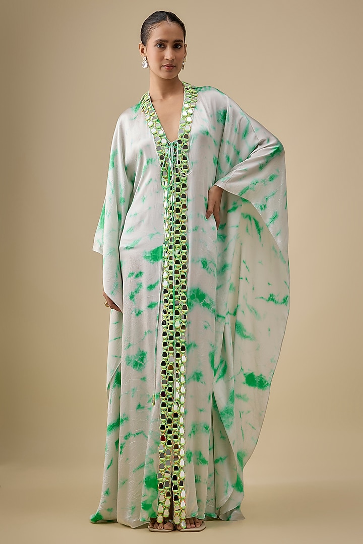 Ivory & Green Satin Silk Mirror Embroidered Kaftan by Akanksha Gajria at Pernia's Pop Up Shop