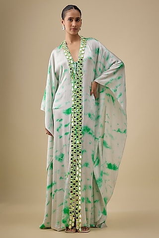 Ivory & Green Satin Silk Mirror Embroidered Kaftan by Akanksha Gajria
