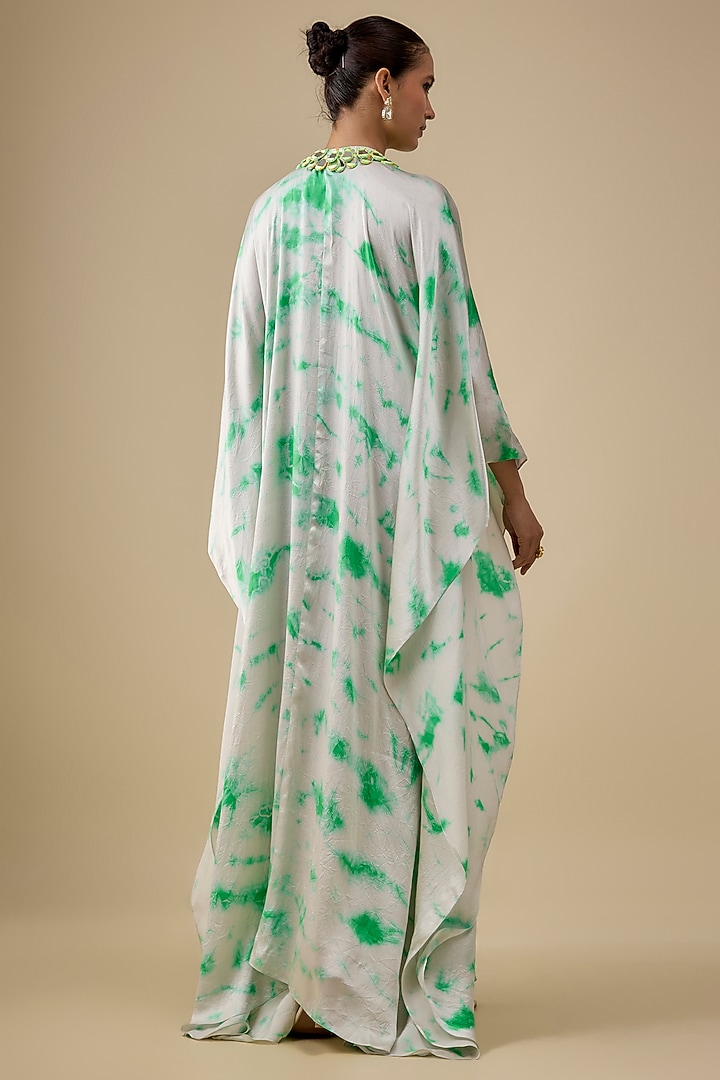 Ivory & Green Satin Silk Mirror Embroidered Kaftan by Akanksha Gajria at Pernia's Pop Up Shop